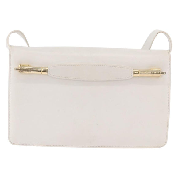 CELINE Shoulder Bag Leather White Gold Auth 183997