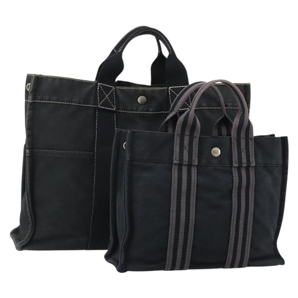 HERMES Fourre Tout Hand Bag Cotton 2 Set Black Navy Auth 184001