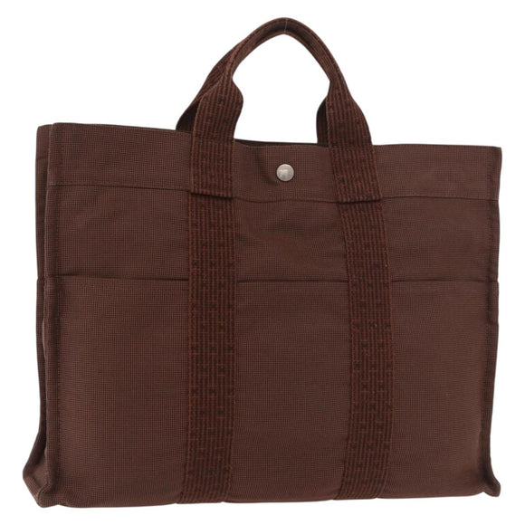 HERMES Her Line Tote MM Tote Bag Canvas Brown Silver Auth 184135