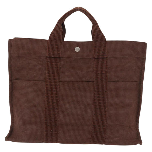 HERMES Her Line Tote MM Tote Bag Canvas Brown Silver Auth 184135