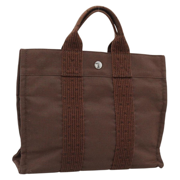 HERMES Her Line Tote PM Tote Bag Canvas Brown Silver Auth 184152