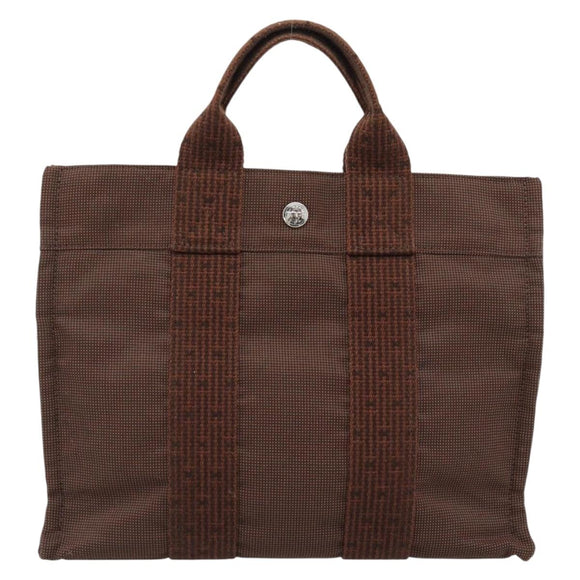 HERMES Her Line Tote PM Tote Bag Canvas Brown Silver Auth 184152
