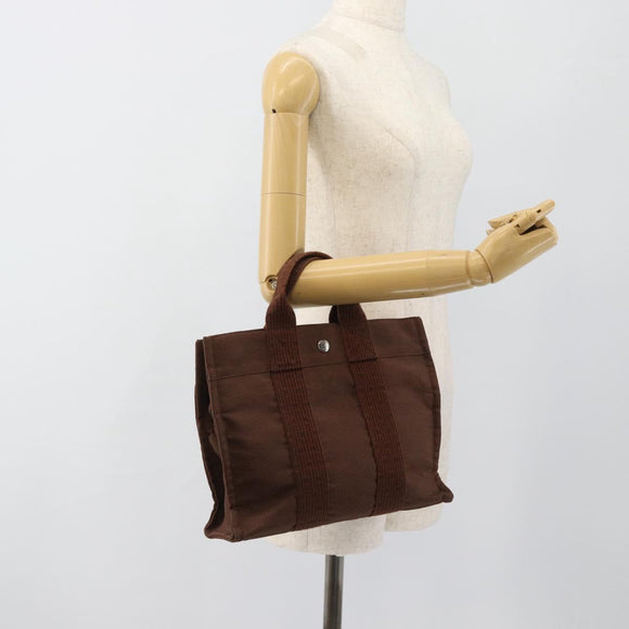 HERMES Her Line Tote PM Tote Bag Canvas Brown Silver Auth 184152