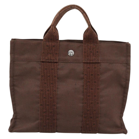 HERMES Her Line Tote PM Tote Bag Canvas Brown Silver Auth 184152