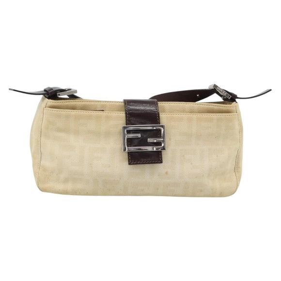 FENDI Zucca Canvas Mamma Baguette Schultertasche Beige Silber Auth 184155