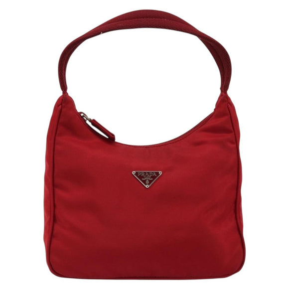 PRADA Hand Pouch Nylon Red Silver Auth 184157