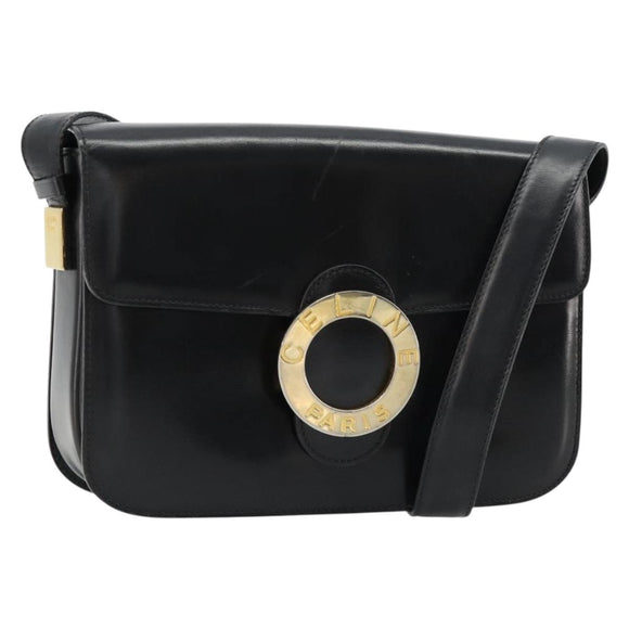 CELINE Circle Shoulder Bag Leather Black Gold Auth 184161A