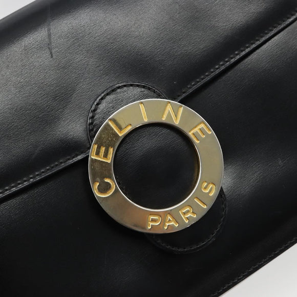 CELINE Circle Shoulder Bag Leather Black Gold Auth 184161A