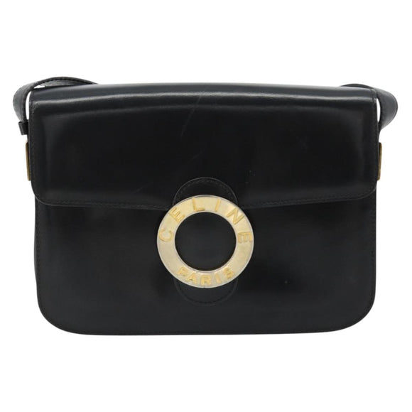 CELINE Circle Shoulder Bag Leather Black Gold Auth 184161A