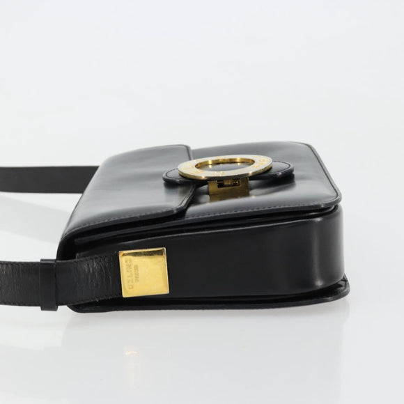 CELINE Circle Shoulder Bag Leather Black Gold Auth 184161A
