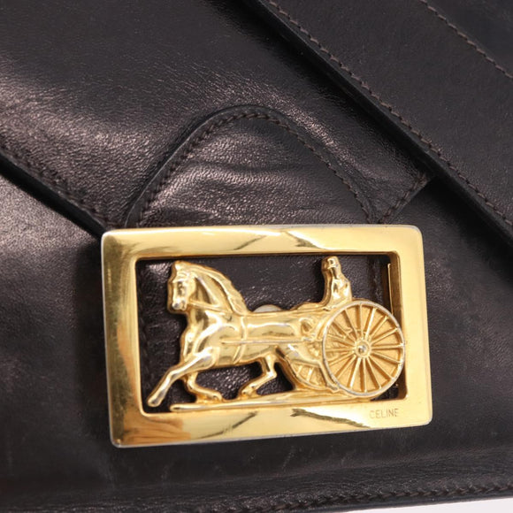 CELINE Horse Carriage Shoulder Bag Leather Black Gold Auth 184168