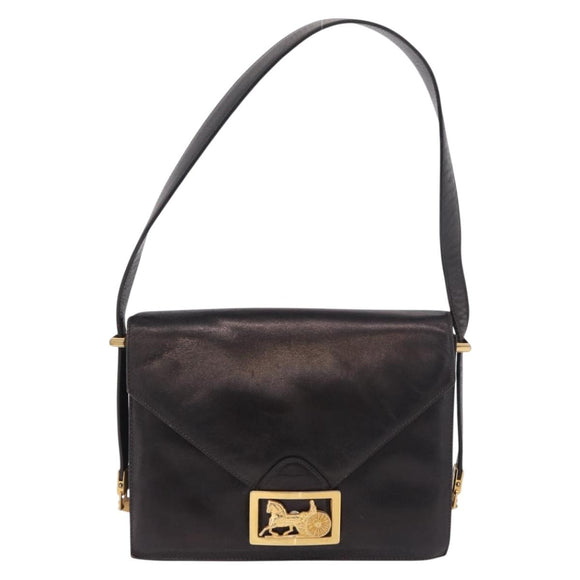 CELINE Horse Carriage Shoulder Bag Leather Black Gold Auth 184168
