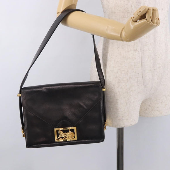 CELINE Horse Carriage Shoulder Bag Leather Black Gold Auth 184168
