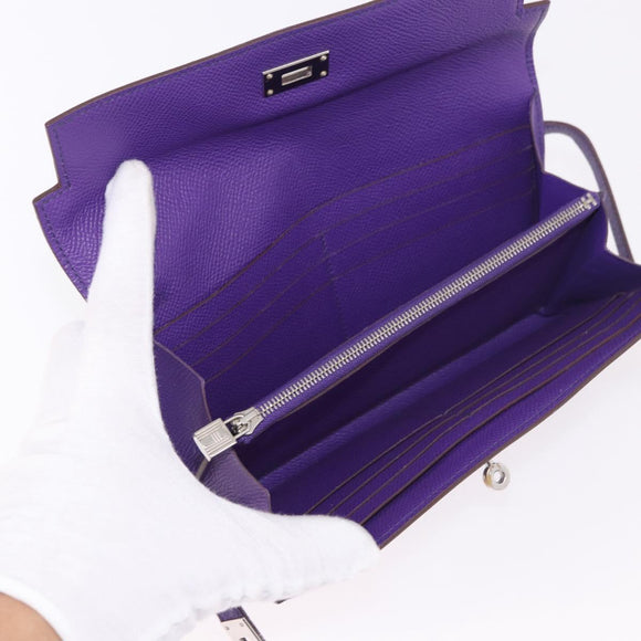 HERMES Kelly Long Wallet Epsom Purple Silver Auth 184179SM