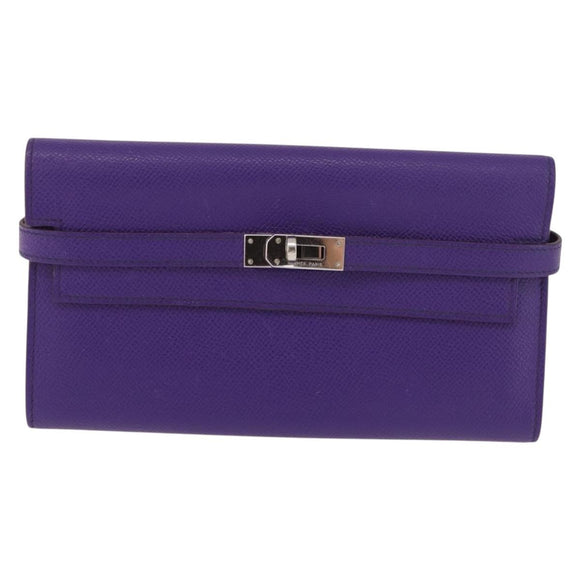 HERMES Kelly Long Wallet Epsom Purple Silver Auth 184179SM
