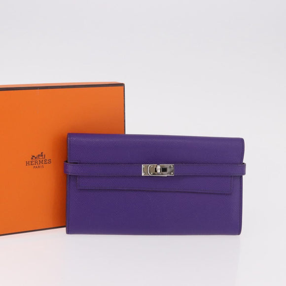 HERMES Kelly Long Wallet Epsom Purple Silver Auth 184179SM