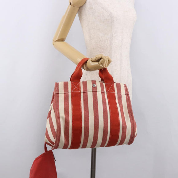 HERMES Cannes Hand Bag Canvas Red Silver Auth 184181A