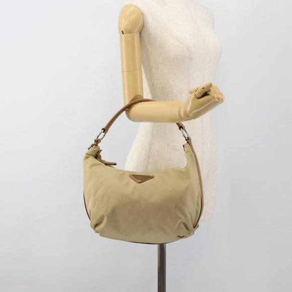 PRADA Shoulder Bag Nylon Beige Silver Auth 184182A