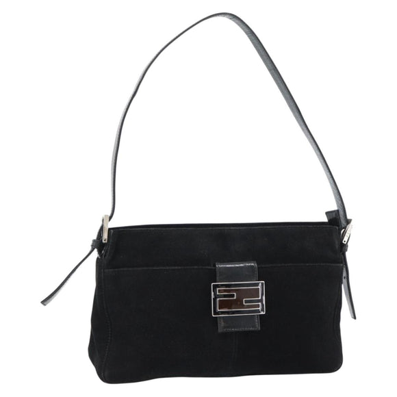 FENDI Mamma Baguette Shoulder Bag Suede Black Silver Auth 184192M