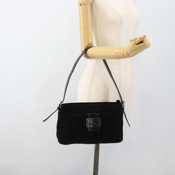 FENDI Mamma Baguette Shoulder Bag Suede Black Silver Auth 184192M