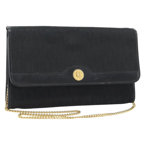 Christian Dior Trotter Canvas Chain Shoulder Bag Black Gold Auth 184194
