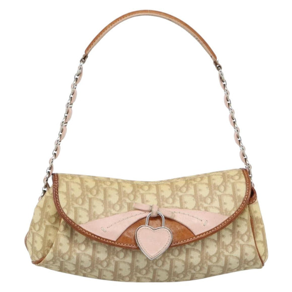 Christian Dior Trotter Canvas Romantic Chain Bag PVC Beige Silver Auth 184195A