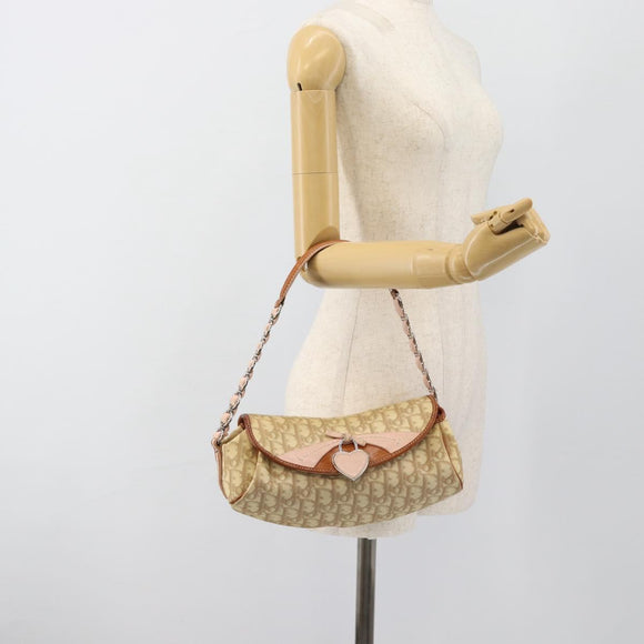 Christian Dior Trotter Canvas Romantic Chain Bag PVC Beige Silver Auth 184195A