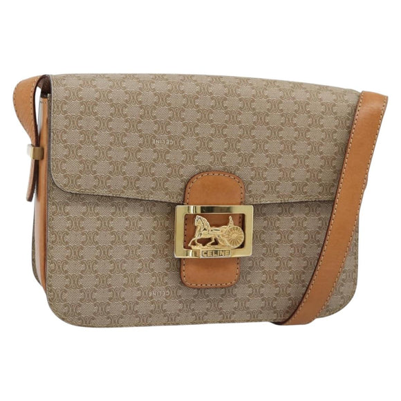 CELINE Macadam Canvas Umhängetasche PVC Beige Gold Auth 184209