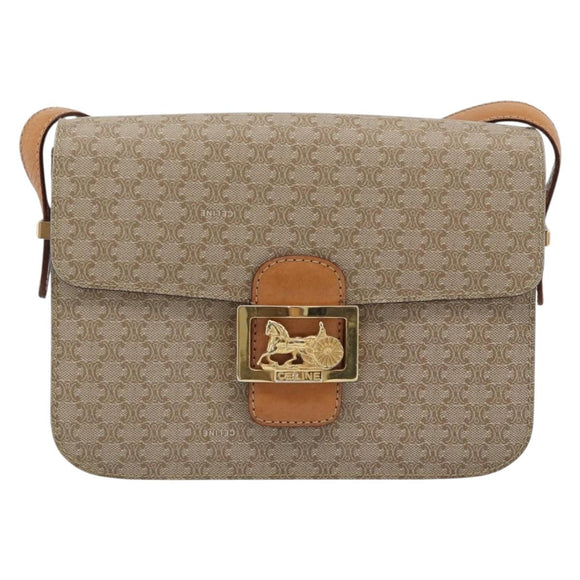 CELINE Macadam Canvas Shoulder Bag PVC Beige Gold Auth 184209