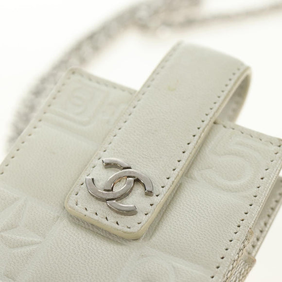 CHANEL icon Chain Shoulder Pouch Lamb Skin White Silver CC Auth 184233A