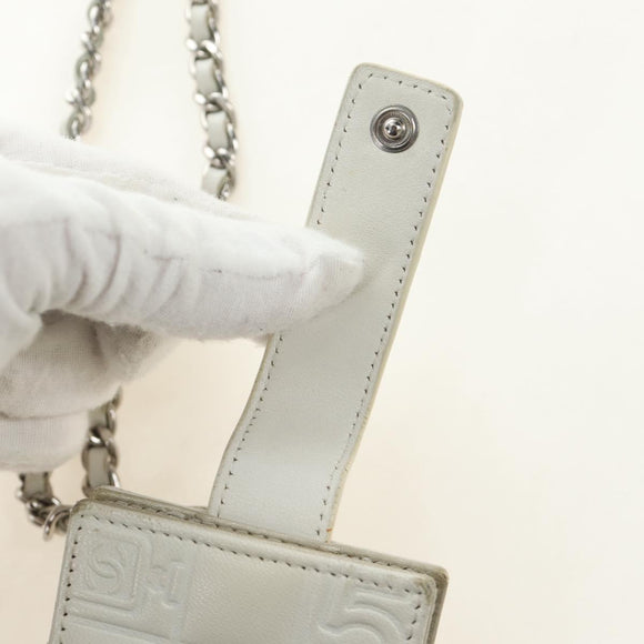 CHANEL icon Chain Shoulder Pouch Lamb Skin White Silver CC Auth 184233A
