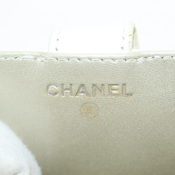 CHANEL icon Chain Shoulder Pouch Lamb Skin White Silver CC Auth 184233A