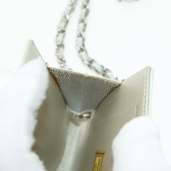 CHANEL icon Chain Shoulder Pouch Lamb Skin White Silver CC Auth 184233A
