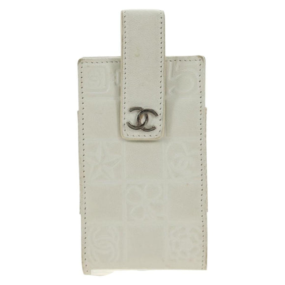 CHANEL icon Chain Shoulder Pouch Lamb Skin White Silver CC Auth 184233A