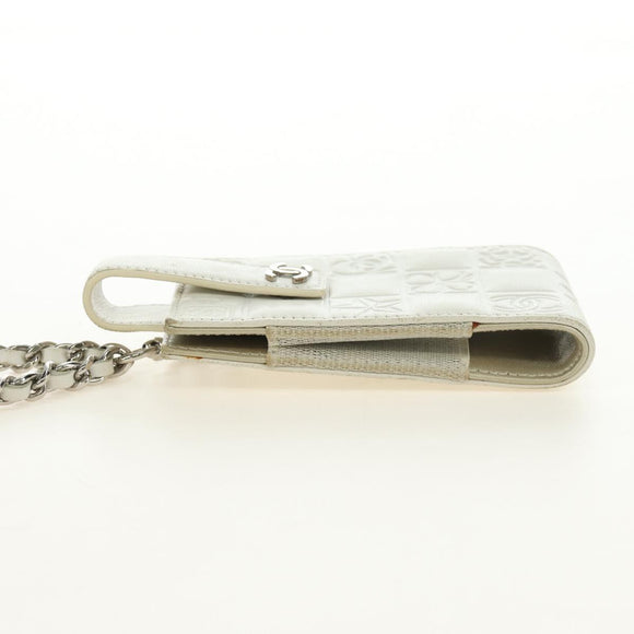 CHANEL icon Chain Shoulder Pouch Lamb Skin White Silver CC Auth 184233A