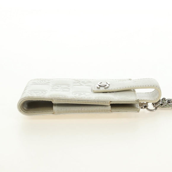 CHANEL icon Chain Shoulder Pouch Lamb Skin White Silver CC Auth 184233A