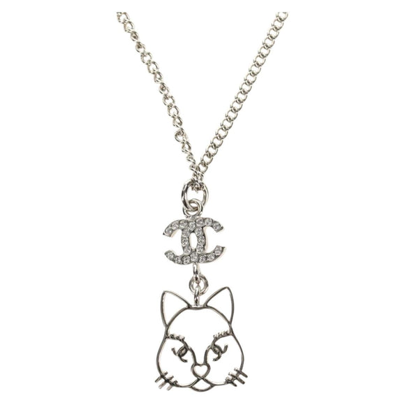 CHANEL COCO Mark Cat Necklace metal Silver CC Auth 184248M