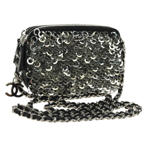 CHANEL Chain Shoulder Bag Sequin Black Silver CC Auth 184258SM