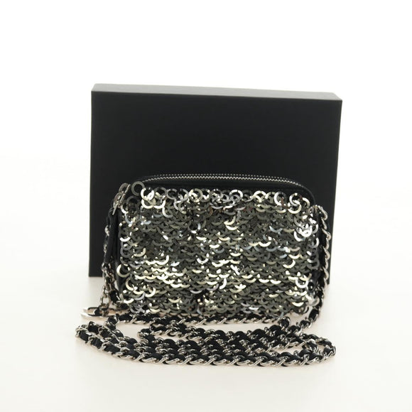 CHANEL Chain Shoulder Bag Sequin Black Silver CC Auth 184258SM