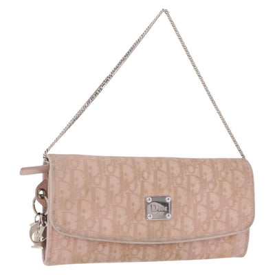 Christian Dior Chain Trotter Canvas Long Wallet Pink Silver Auth 184271