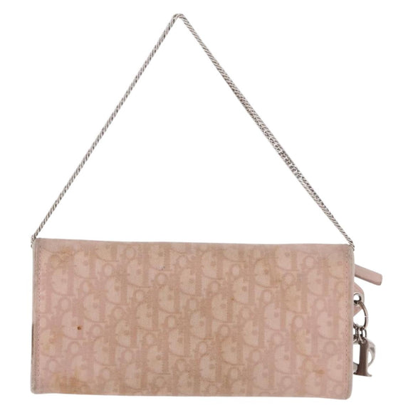 Christian Dior Chain Trotter Canvas Long Wallet Pink Silver Auth 184271