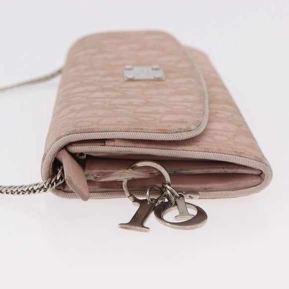 Christian Dior Chain Trotter Canvas Long Wallet Pink Silver Auth 184271