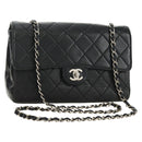 CHANEL Matelasse 25 Chain Shoulder Bag Lamb Skin Black Silver CC Auth 184284V-1