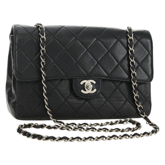CHANEL Matelasse 25 Chain Shoulder Bag Lamb Skin Black Silver CC Auth 184284V