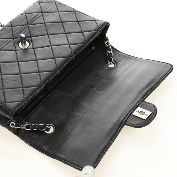 CHANEL Matelasse 25 Chain Shoulder Bag Lamb Skin Black Silver CC Auth 184284V