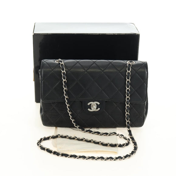 CHANEL Matelasse 25 Chain Shoulder Bag Lamb Skin Black Silver CC Auth 184284V