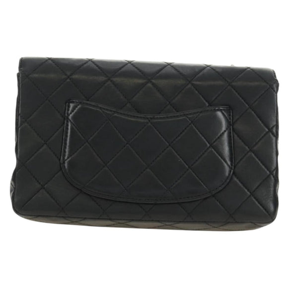 CHANEL Matelasse 25 Chain Shoulder Bag Lamb Skin Black Silver CC Auth 184284V