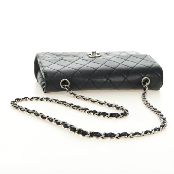 CHANEL Matelasse 25 Chain Shoulder Bag Lamb Skin Black Silver CC Auth 184284V