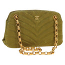 CHANEL Chain V Stitch Shoulder Bag Canvas Green Gold CC Auth 184285SM-1