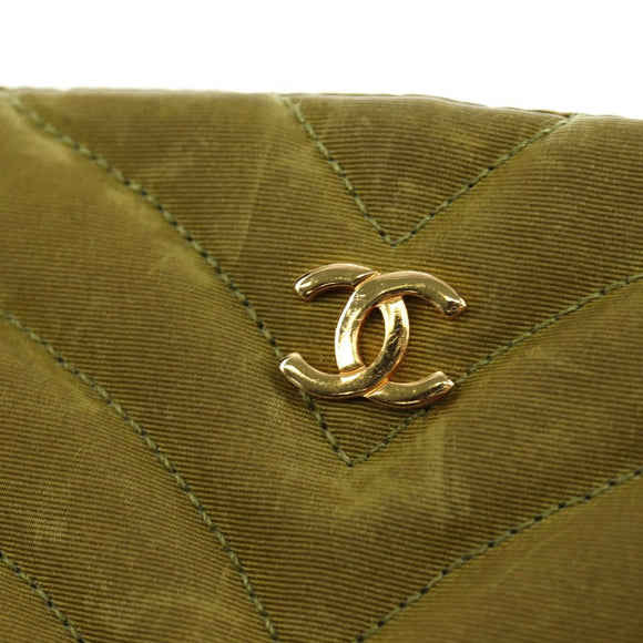 CHANEL Chain V Stitch Shoulder Bag Canvas Green Gold CC Auth 184285SM